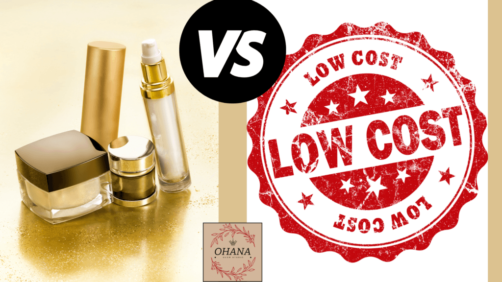 15 Comparativa visual que muestra la diferencia de precio entre productos de cosmética de lujo y opciones low-cost, destacando los factores que justifican la variación en el costo.