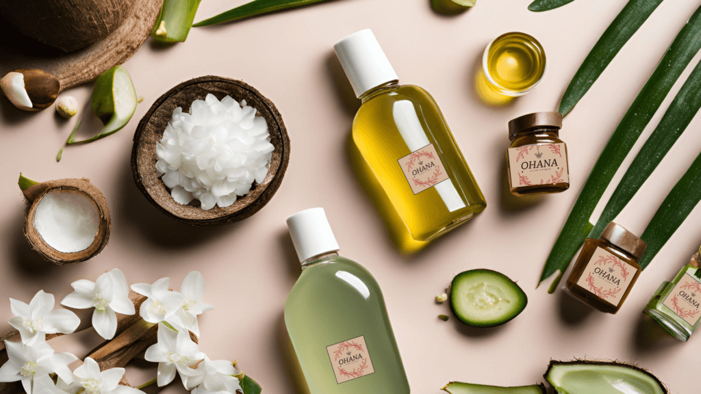 Productos de belleza naturales dispuestos en un entorno natural con ingredientes frescos como aloe vera y aceite de coco