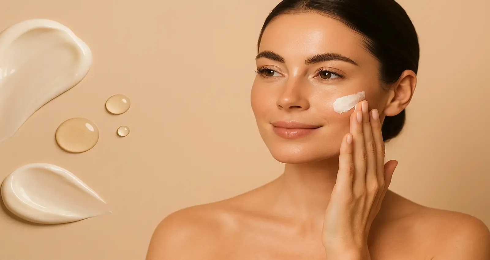 Mujer aplicando crema facial natural con fondo beige, cosmética natural OHANA Glow Studio