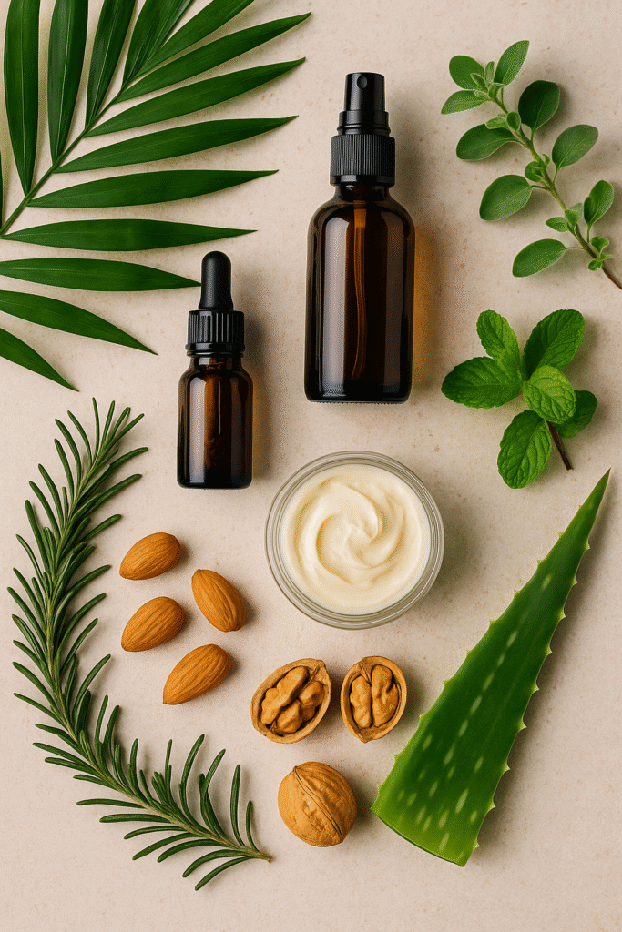 Ingredientes naturales y productos veganos de cosmética sobre fondo claro