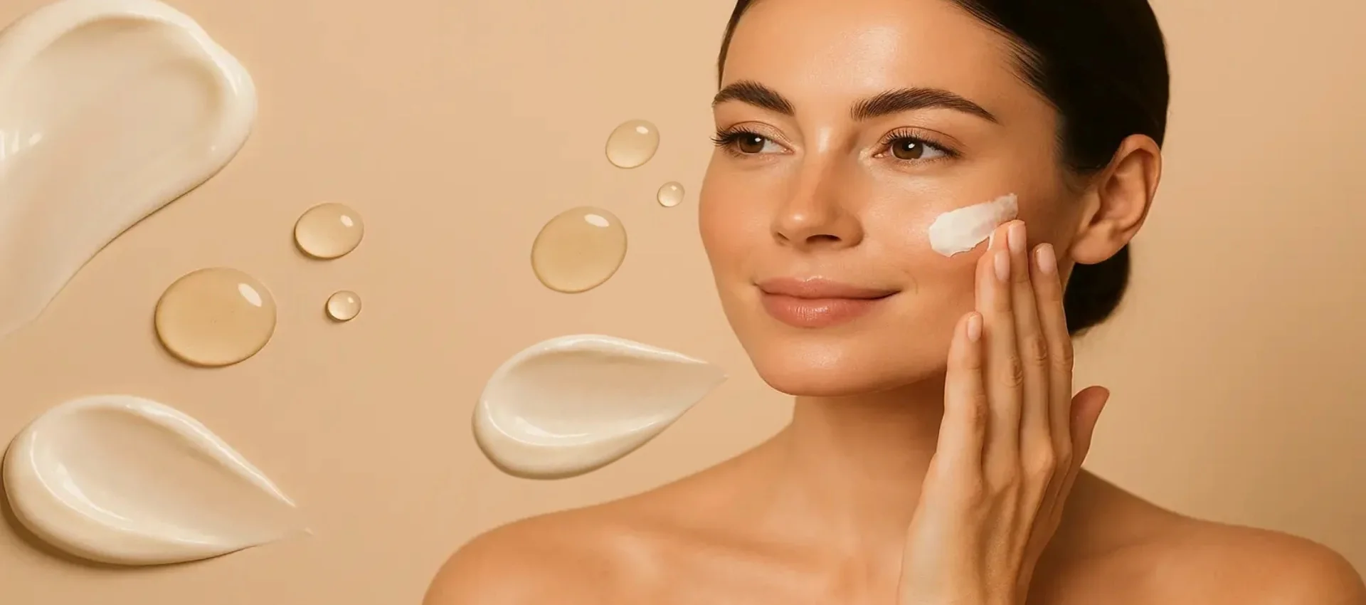 Modelo aplicando crema facial sobre fondo beige con gotas y texturas de cosmética natural